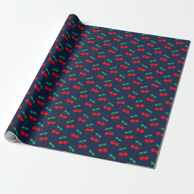 Navy & Red Cute Summer Red Cherries Wrapping Paper (Unrolled)