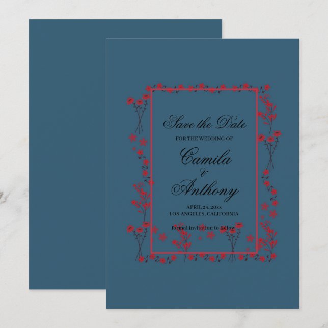 Navy Red Floral Border Wedding Save The Date Invitation (Front/Back)