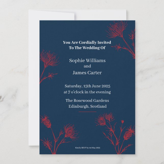 Navy Red Floral Botanical Personalised Wedding Inv Invitation (Front)