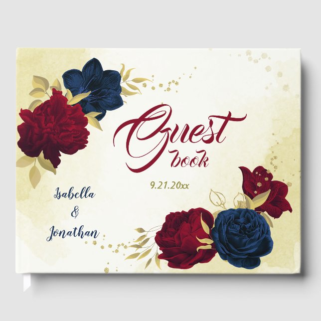 navy red floral gold guest book (Front)