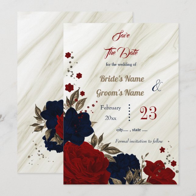 navy red flowers bronze leaves boanical save the date (Front/Back)