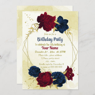 navy red flowers gold leaves birthday invitation