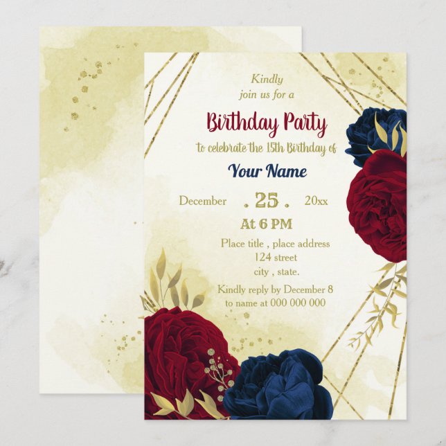 navy red flowers gold leaves birthday  invitation (Front/Back)