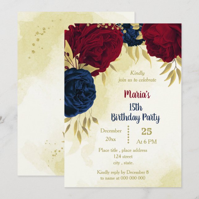 navy red flowers gold leaves birthday  invitation (Front/Back)