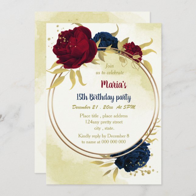 navy red flowers gold leaves birthday  invitation (Front/Back)