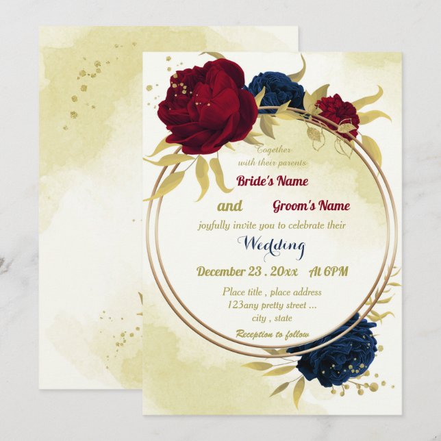 navy red flowers gold leaves geometric wedding invitation (Front/Back)