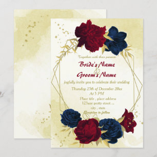 navy red flowers gold leaves geometric wedding invitation