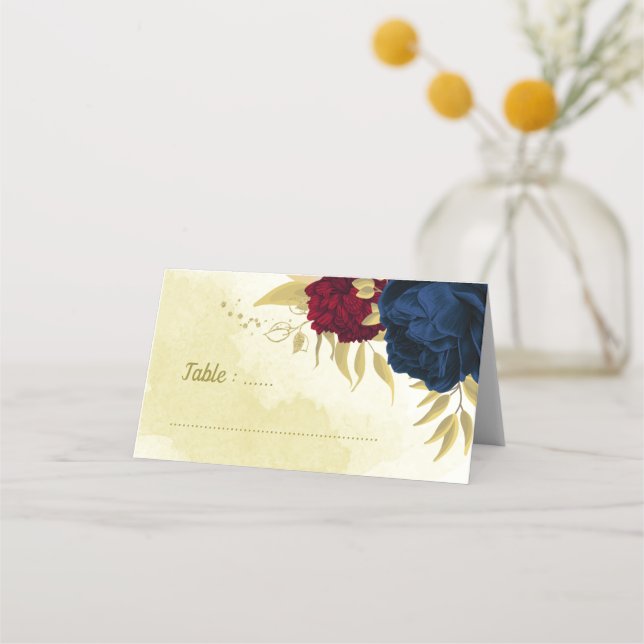 navy red flowers gold leaves place card (Front)