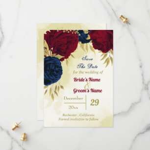 navy red flowers gold leaves save the date