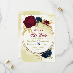 navy red flowers gold leaves save the date