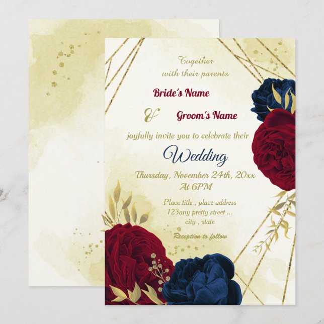 navy red flowers gold leaves wedding invitation (Front/Back)