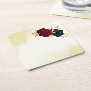 navy red flowers gold leaves wedding square paper coaster
