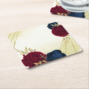 navy red flowers gold leaves wedding square paper coaster
