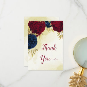 navy red flowers gold leaves wedding thank you card