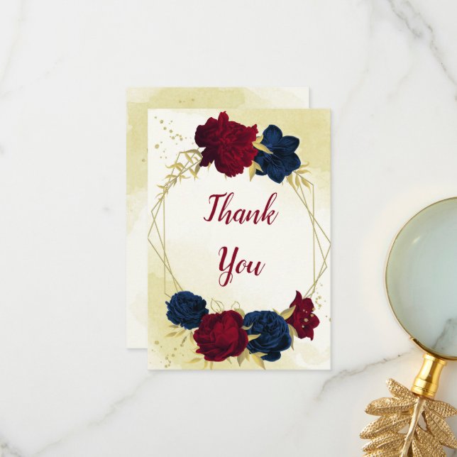 navy red flowers gold leaves wedding thank you card (Front/Back In Situ)