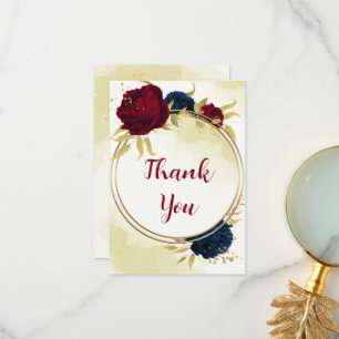 navy red flowers gold leaves wedding thank you card