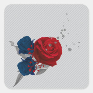 navy & red flowers grey leaves wreath square sticker