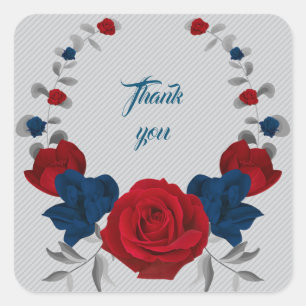 navy & red flowers grey leaves wreath thank you square sticker