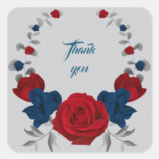 navy & red flowers grey leaves wreath thank you square sticker (Front)