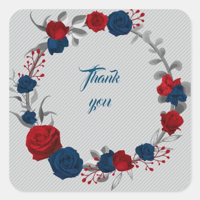 navy & red flowers grey leaves wreath thank you square sticker (Front)