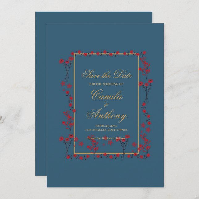 Navy Red Gold Floral Border Wedding Save The Date Invitation (Front/Back)