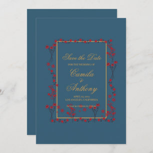 Navy Red Gold Floral Border Wedding Save The Date Invitation