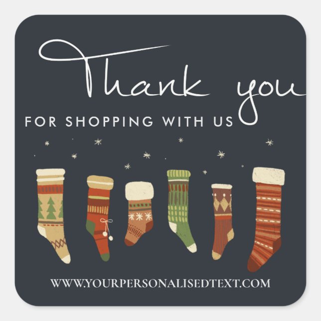 NAVY RED GREEN CHRISTMAS STOCKING SOCKS THANK YOU SQUARE STICKER (Front)