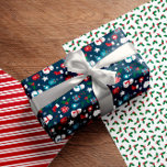 Navy Red Green Cute Cosy Christmas Patterns Wrapping Paper Sheet<br><div class="desc">Cute Christmas wrapping papers in three matching designs. One with snowmen,  Santas,  spruce needles,  steaming cups of cocoa,  and more. One with holly,  and one with peppermint stripes.</div>