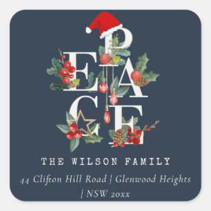 Navy Red Green Peace Christmas Foliage Address Square Sticker