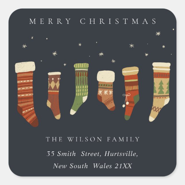 NAVY RED GREEN STAR CHIRSTMAS STOCKINGS ADDRESS SQUARE STICKER (Front)