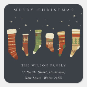 NAVY RED GREEN STAR CHIRSTMAS STOCKINGS ADDRESS SQUARE STICKER