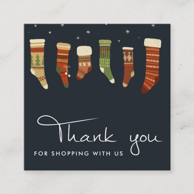 NAVY RED GREEN STAR CHRISTMAS STOCKINGS THANK YOU SQUARE BUSINESS CARD (Front)