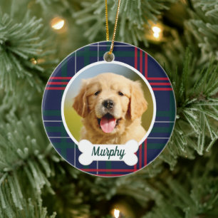 Navy Red Green Tartan Plaid Custom Dog Photo Ceramic Tree Decoration