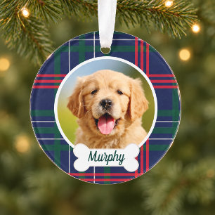 Navy Red Green Tartan Plaid Custom Dog Photo Ornament