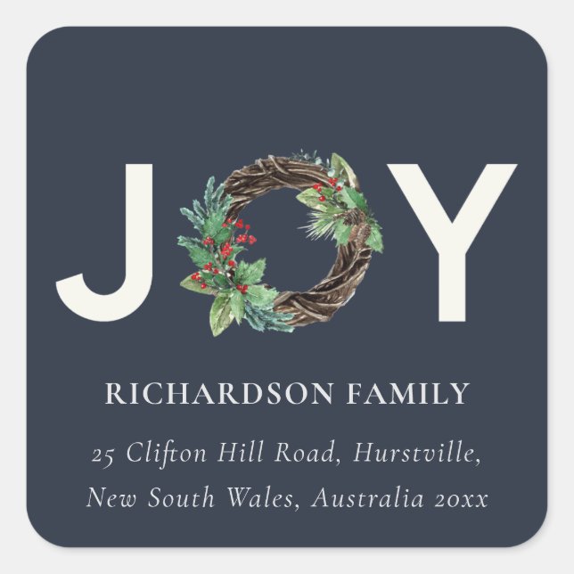 NAVY RED HOLLY BERRY JOY WREATH CHRISTMAS ADDRESS SQUARE STICKER (Front)