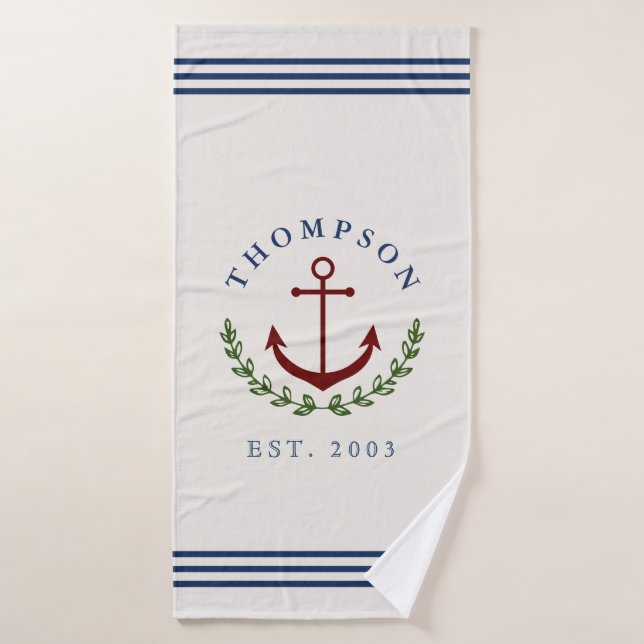Navy Red Ivory Anchor Wreath Nautical Family Name Bath Towel (Bath Towel)