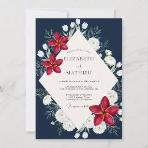 Navy Red Lily Wedding Invitation