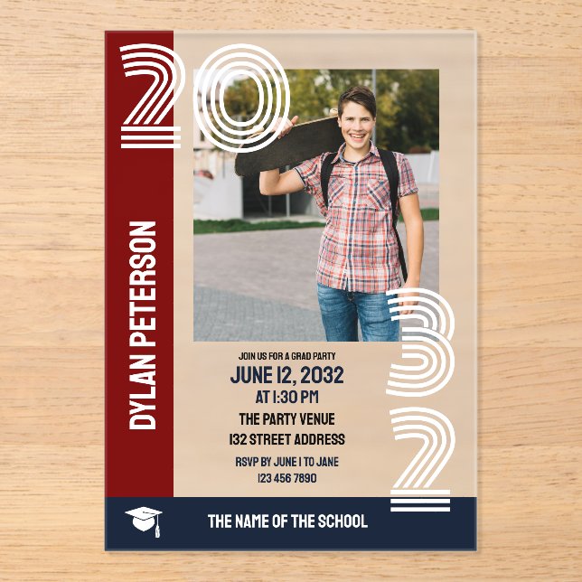 Navy Red Multiline Font Photos Graduation Party Acrylic Invitations (Front)