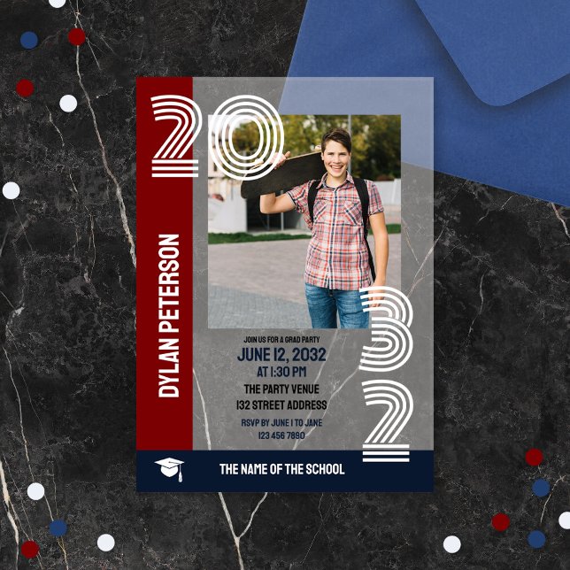 Navy Red Multiline Font Photos Graduation Party Acrylic Invitations (Creator Uploaded)
