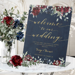 Navy Red Peony Gold Calligraphy Welcome Wedding Pedestal Sign