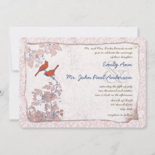 Navy Red Pink Vintage Birds Damask Wedding Invite