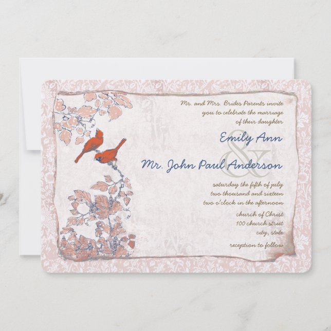 Navy Red Pink Vintage Birds Damask Wedding Invite (Front)