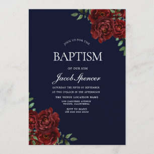 Navy & Red Rose Baptism Boy or Girl Invite