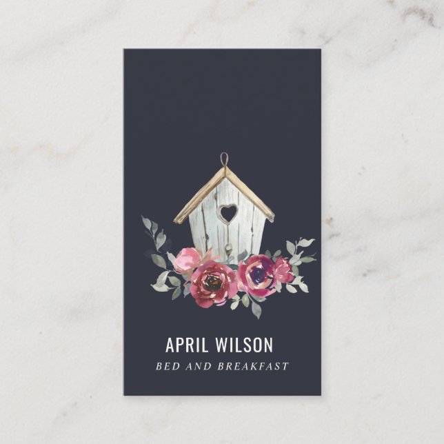 NAVY RED ROSE FLORAL WOOD HOME STAY BED BREAKFAST BUSINESS CARD (Front)