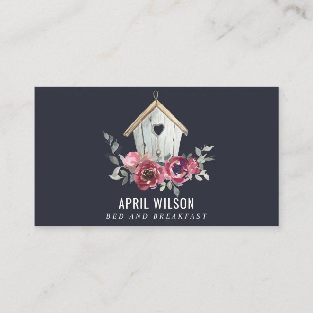 NAVY RED ROSE FLORAL WOOD HOME STAY BED BREAKFAST BUSINESS CARD (Front)