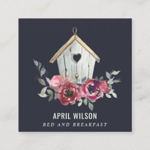 NAVY RED ROSE FLORAL WOOD HOME STAY BED BREAKFAST SQUARE BUSINESS CARD