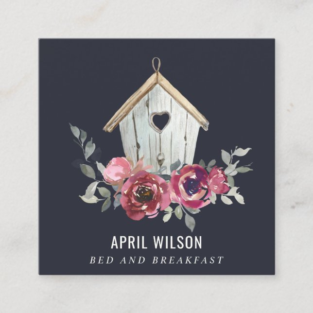 NAVY RED ROSE FLORAL WOOD HOME STAY BED BREAKFAST SQUARE BUSINESS CARD (Front)