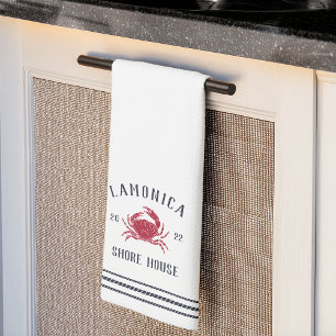 Navy & Red Rustic Crab Personalised Shore House Tea Towel