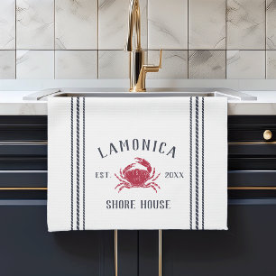 Navy & Red Rustic Crab Personalised Shore House Tea Towel