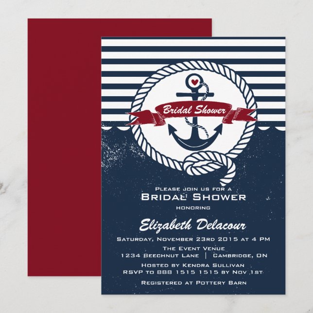 Navy Red Rustic Nautical Bridal Shower Invitation (Front/Back)